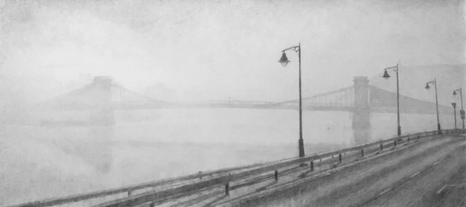 Ködös Lánchíd rakparti lámpa sorral